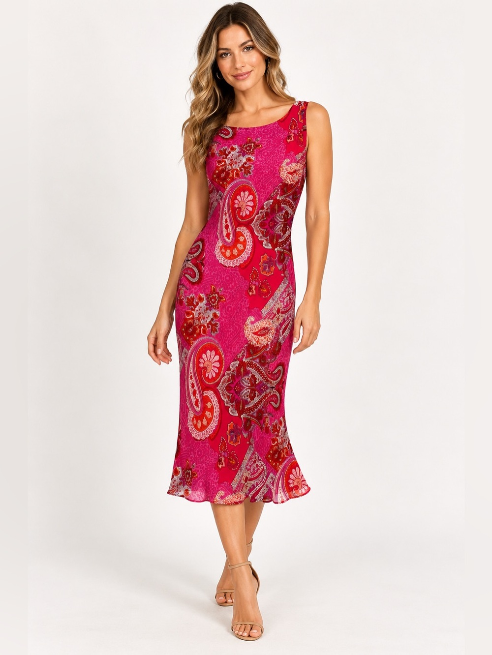 Mannequines Vintage Pink Silk Paisley Sleeveless Midi Dress Sz. S